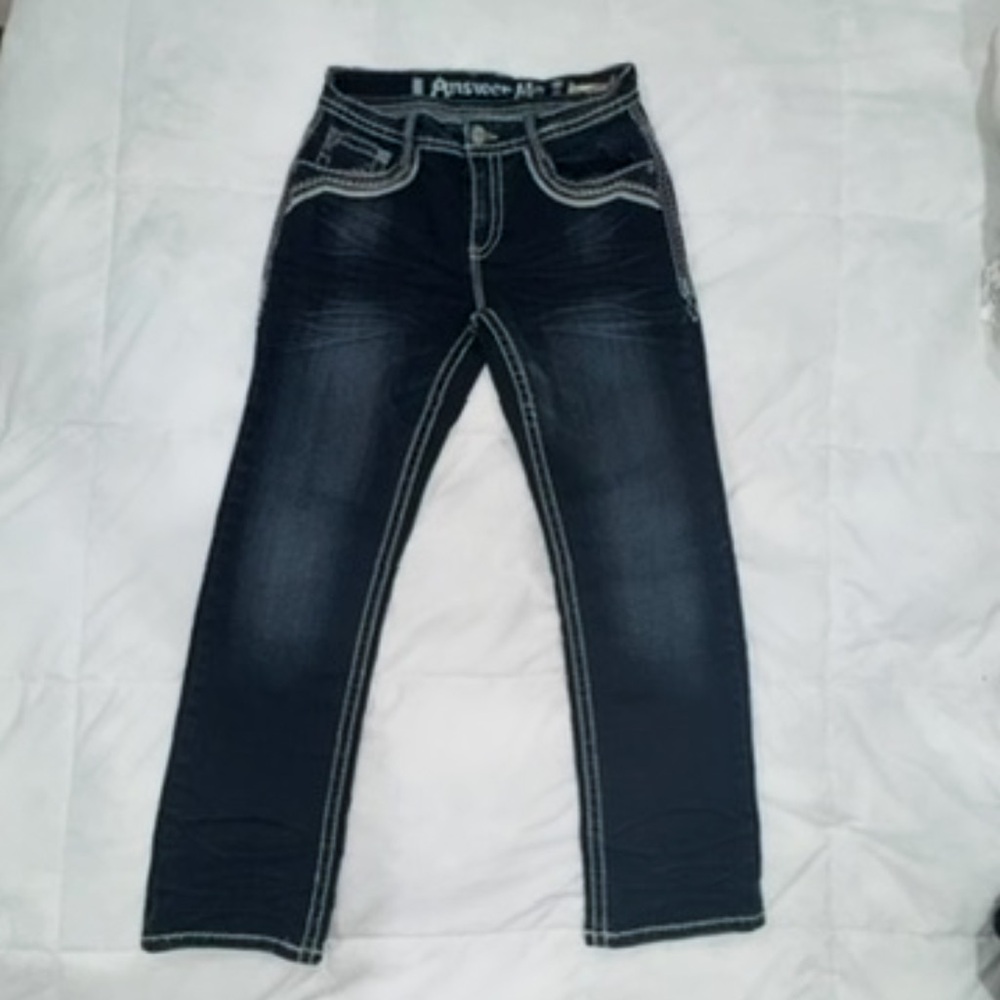 “Answer Me” Dark Blue Jeans with White Stitching